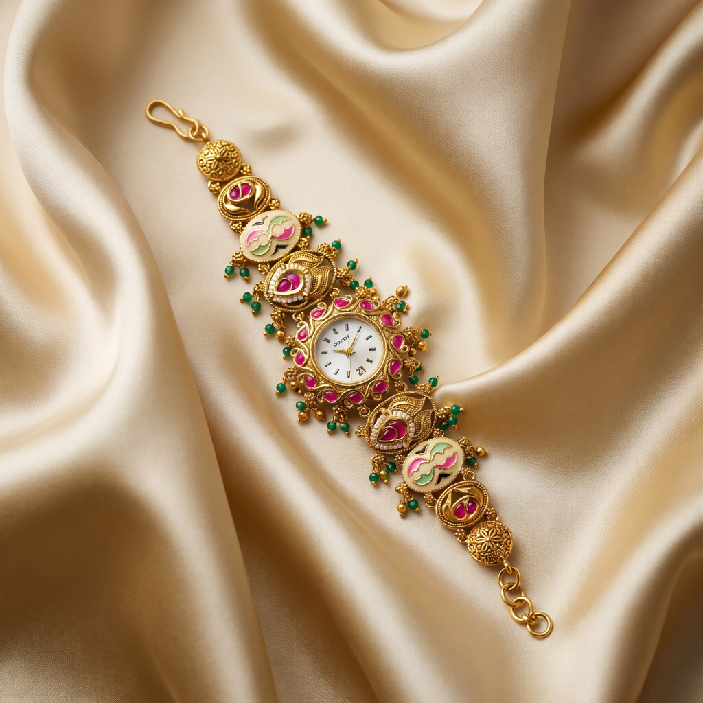 Antique Gold Ruby Emerald Vine Bracelet Watch For Women | Watch For Women & Girls | Stylish Watch | Wrist : KS-MB-WATCH-27-202