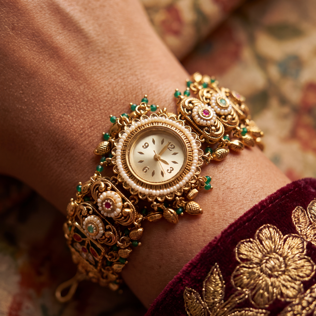 Antique Gold Ruby Pearl Rosette Bracelet Watch For Women | Watch For Women & Girls | Stylish Watch | Wris : KS-MB-WATCH-29-210