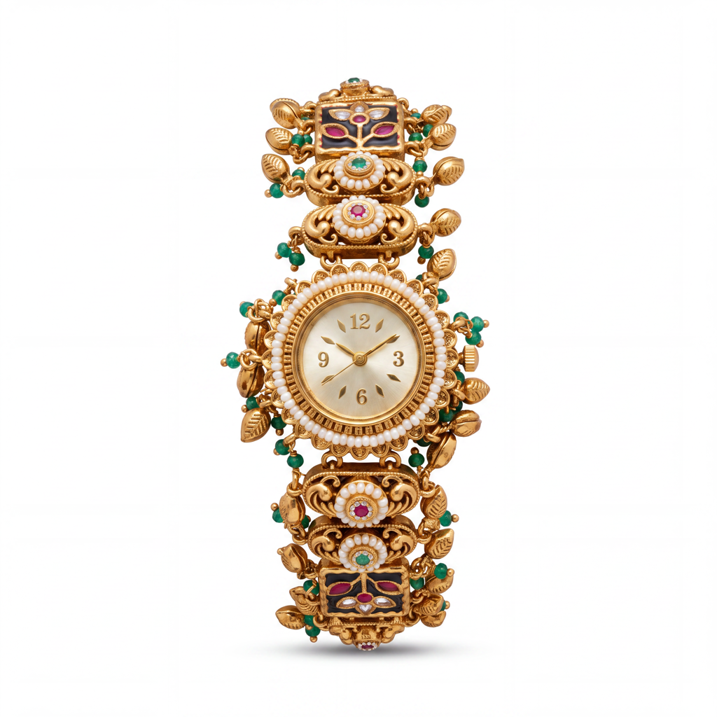 Antique Gold Ruby Pearl Rosette Bracelet Watch For Women | Watch For Women & Girls | Stylish Watch | Wris : KS-MB-WATCH-29-210