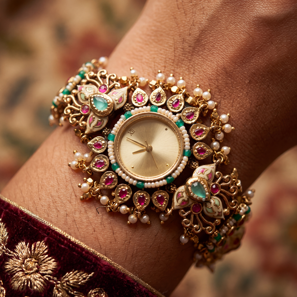 Antique Gold Ruby Meenakari Pearl Jadau Bracelet Watch For Women | Watch For Women & Girls | Stylish Watch : KS-MB-WATCH-3-260