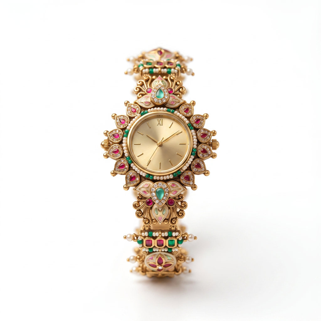 Antique Gold Ruby Meenakari Pearl Jadau Bracelet Watch For Women | Watch For Women & Girls | Stylish Watch : KS-MB-WATCH-3-260