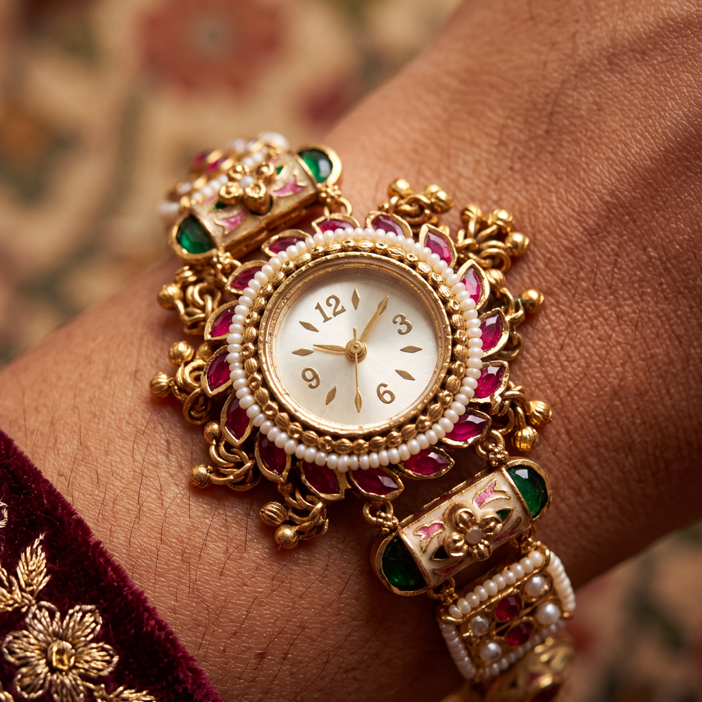 Antique Gold Ruby Pearl Meenakari Bracelet Watch For Women | Watch For Women & Girls | Stylish Watch | Wri : KS-MB-WATCH-4-210