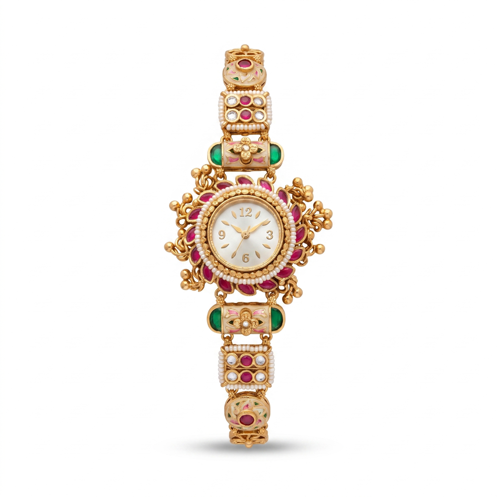 Antique Gold Ruby Pearl Meenakari Bracelet Watch For Women | Watch For Women & Girls | Stylish Watch | Wri : KS-MB-WATCH-4-210