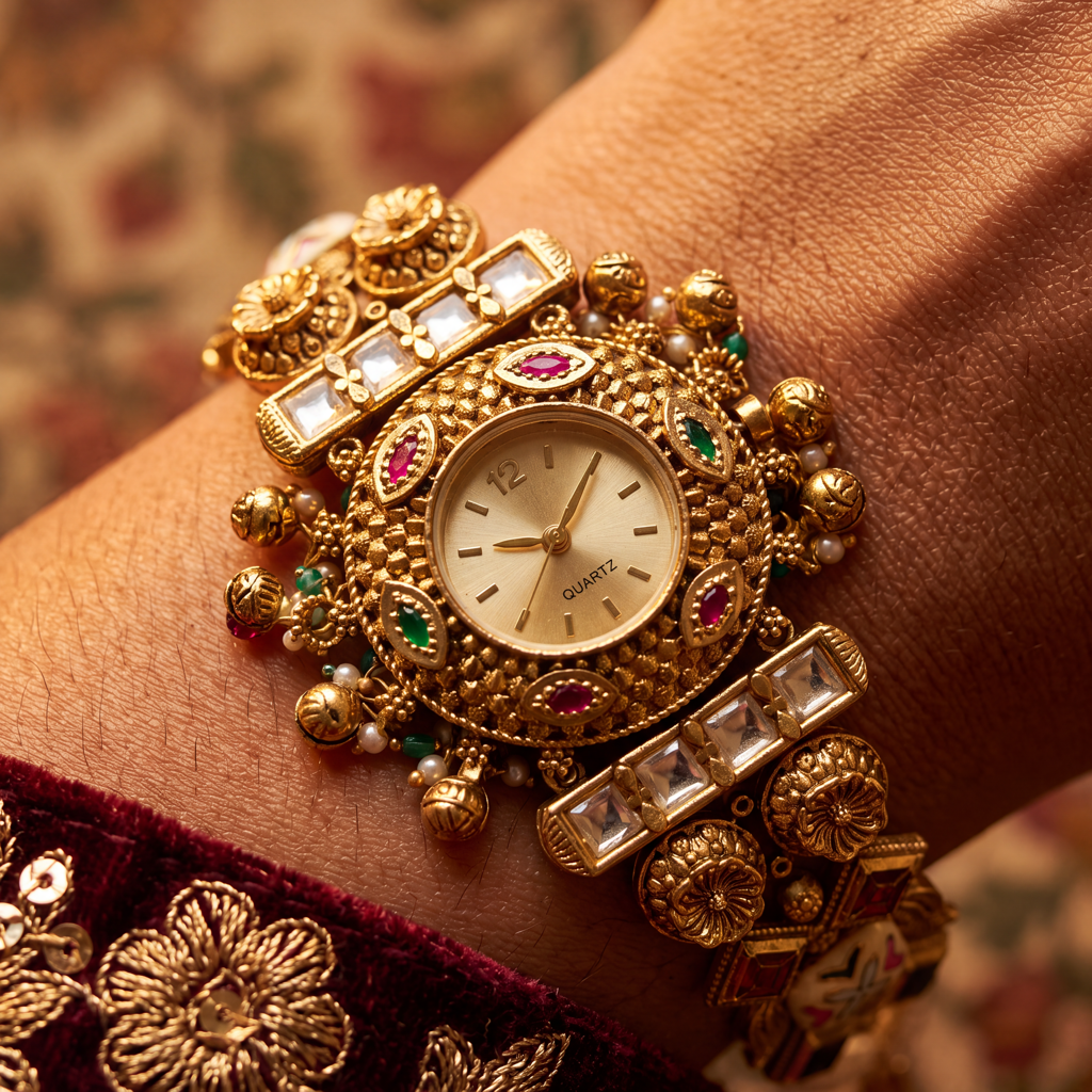 Antique Gold Ruby Emerald Ghungroo Temple Bracelet Watch For Women | Watch For Women & Girls | Stylish Wat : KS-MB-WATCH-5-228