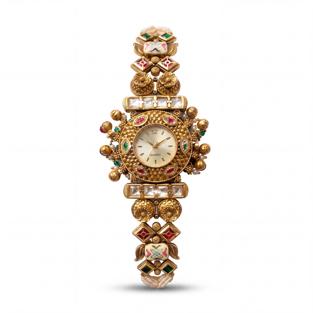 Antique Gold Ruby Emerald Ghungroo Temple Bracelet Watch For Women | Watch For Women & Girls | Stylish Wat : KS-MB-WATCH-5-228