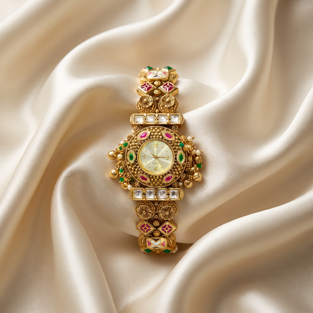 Antique Gold Ruby Emerald Ghungroo Temple Bracelet Watch For Women | Watch For Women & Girls | Stylish Wat : KS-MB-WATCH-5-228