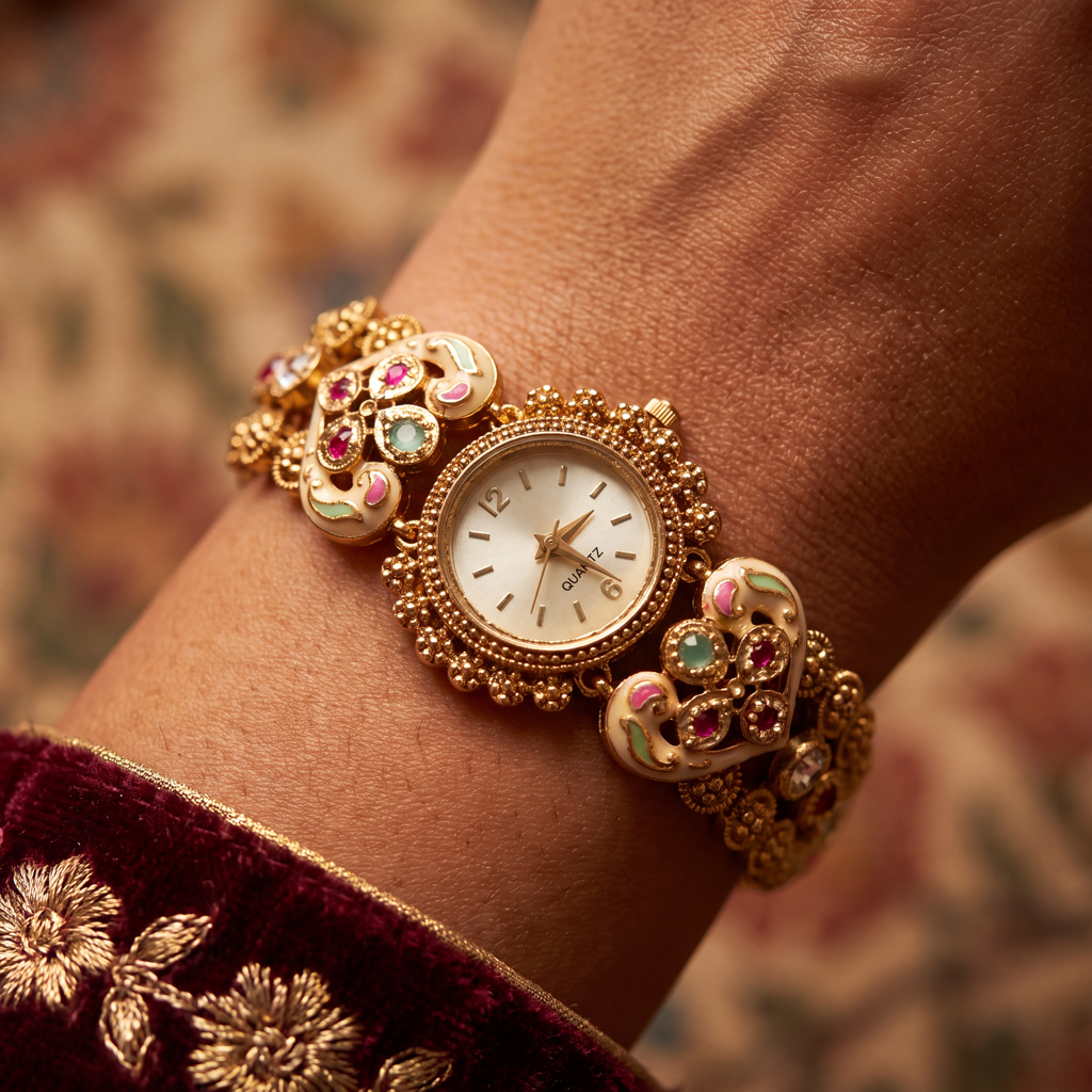 Antique Gold Ivory Meenakari Ruby Emerald Bracelet Watch For Women | Watch For Women & Girls | Stylish Wat : KS-MB-WATCH-6-214