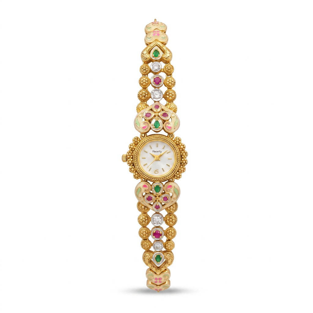 Antique Gold Ivory Meenakari Ruby Emerald Bracelet Watch For Women | Watch For Women & Girls | Stylish Wat : KS-MB-WATCH-6-214
