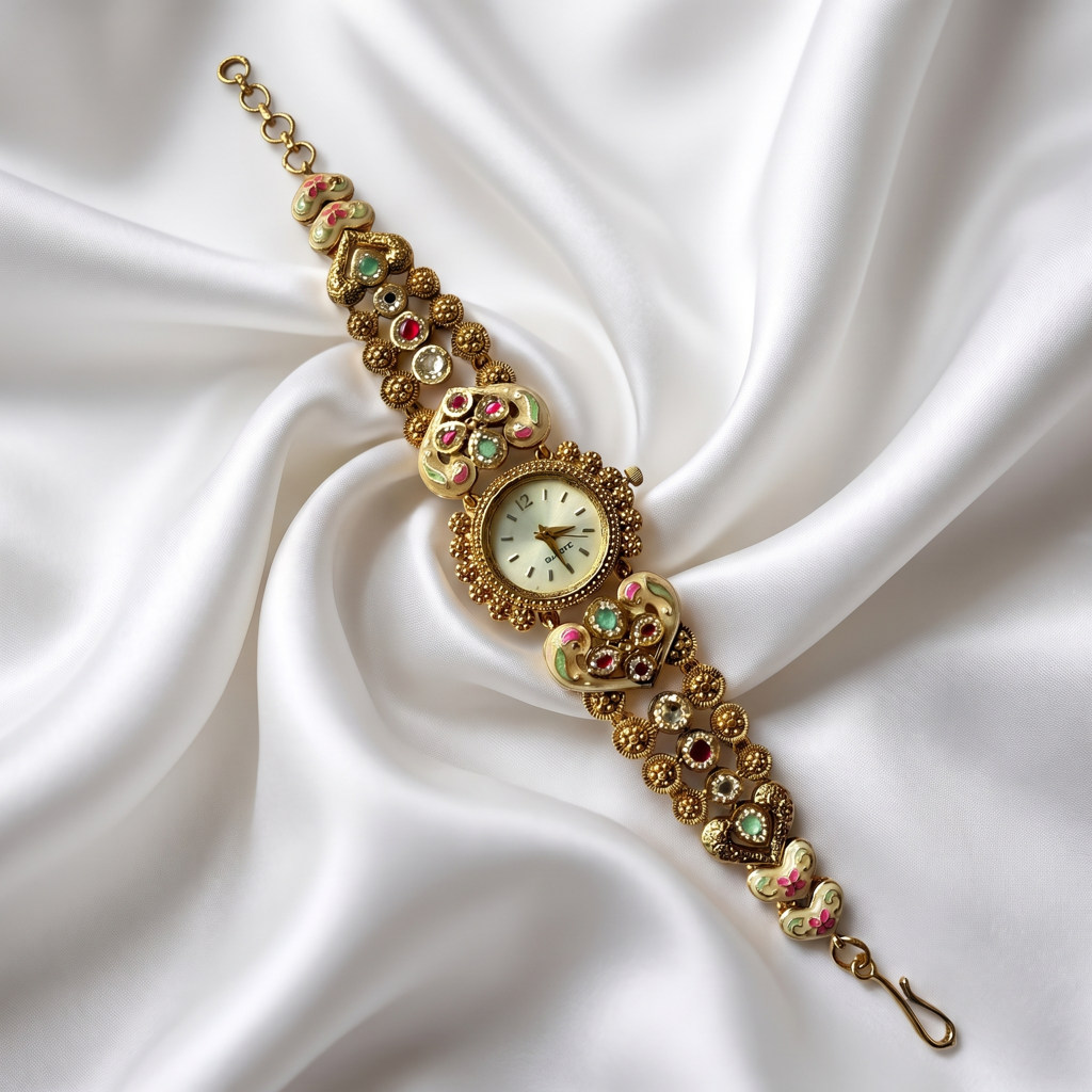 Antique Gold Ivory Meenakari Ruby Emerald Bracelet Watch For Women | Watch For Women & Girls | Stylish Wat : KS-MB-WATCH-6-214