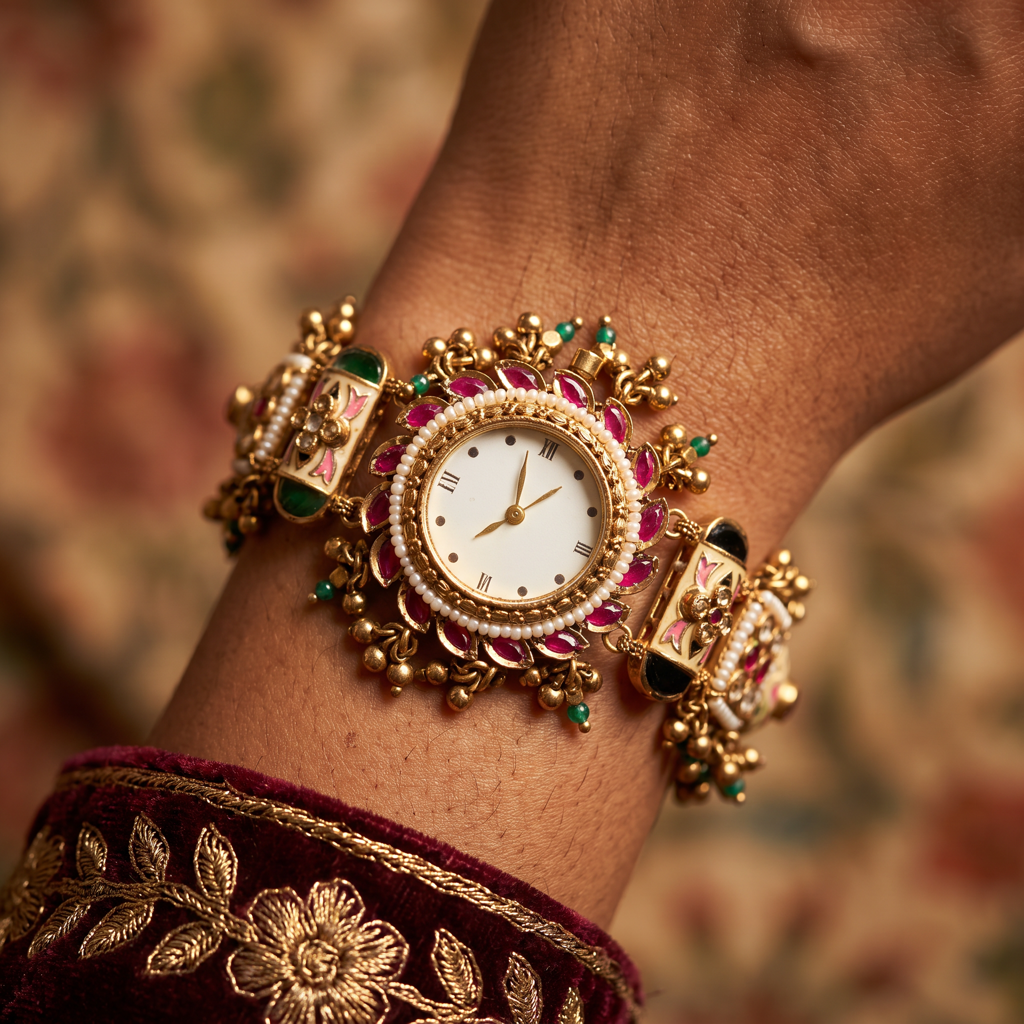 Antique Gold White Roman Dial Ruby Meenakari Bracelet Watch For Women | Watch For Women & Girls | Stylish  : KS-MB-WATCH-7-247