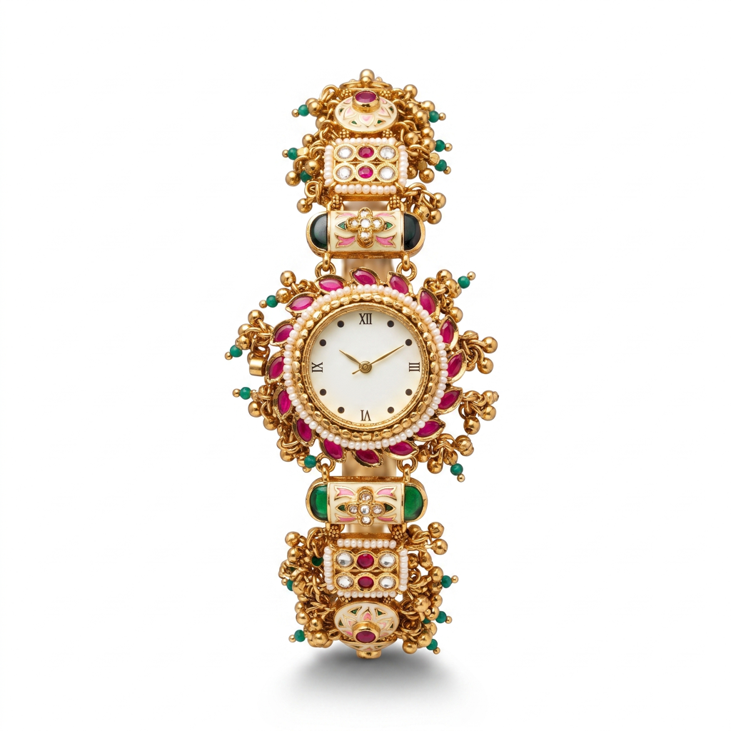Antique Gold White Roman Dial Ruby Meenakari Bracelet Watch For Women | Watch For Women & Girls | Stylish  : KS-MB-WATCH-7-247