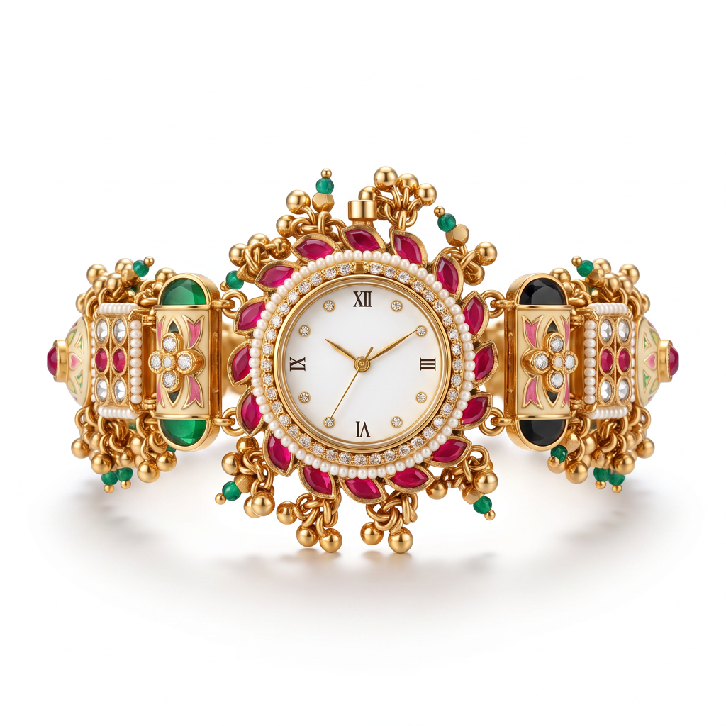 Antique Gold White Roman Dial Ruby Meenakari Bracelet Watch For Women | Watch For Women & Girls | Stylish  : KS-MB-WATCH-7-247