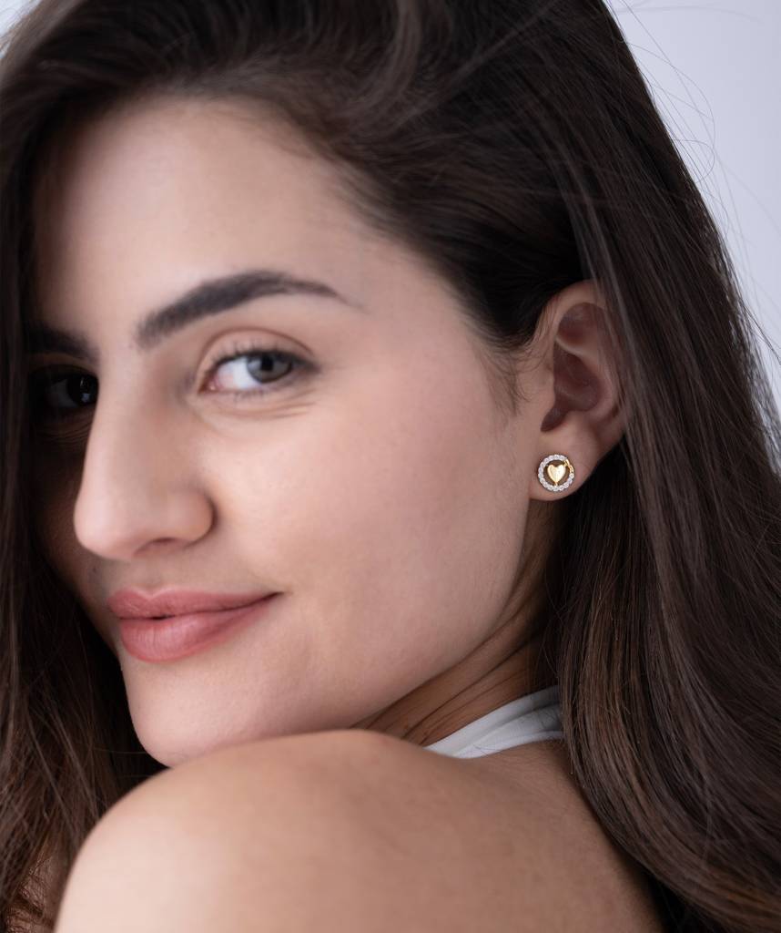 18K Gold Vermeil Heart Halo Stud Earrings : KES0029-Gold