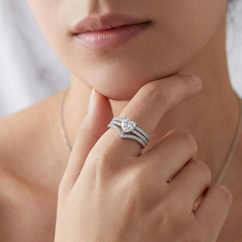 Layered Heart Solitaire & Chevron Pavé Set (925 Silver) : SR005