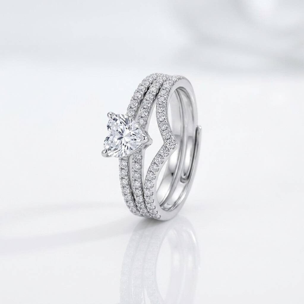 Layered Heart Solitaire & Chevron Pavé Set (925 Silver) : SR005