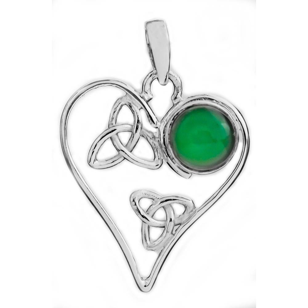 Sterling Silver Pendant With Heart-Shape And Faceted Gemstone : LBN19--greenonyx
