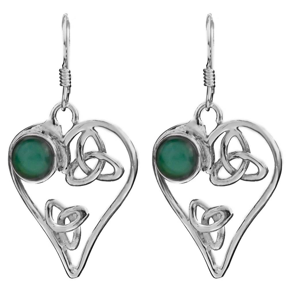 Sterling Silver Earrings With Ethnic Heart-Shape Design And Faceted Gemstone : LBN21--greenonyx