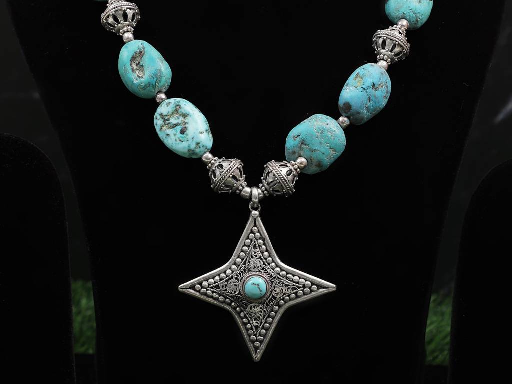 Sterling Silver Necklace With Filigree Work And Long Turquoise Four-Pointed Star : LDA794