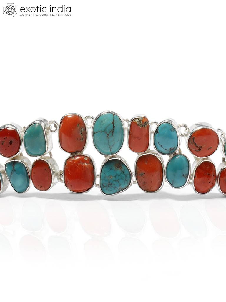 Sterling Silver Toggle Bracelet With Coral And Turquoise Gemstone : LDD287