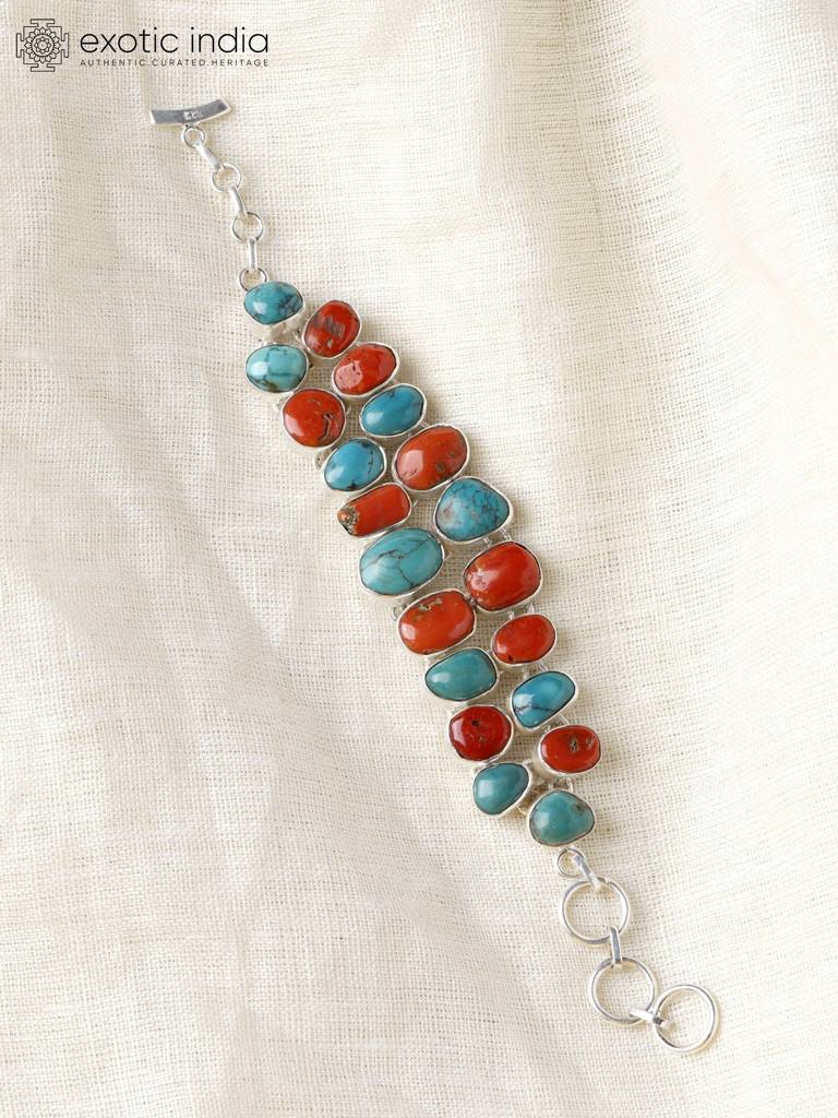 Sterling Silver Toggle Bracelet With Coral And Turquoise Gemstone : LDD287
