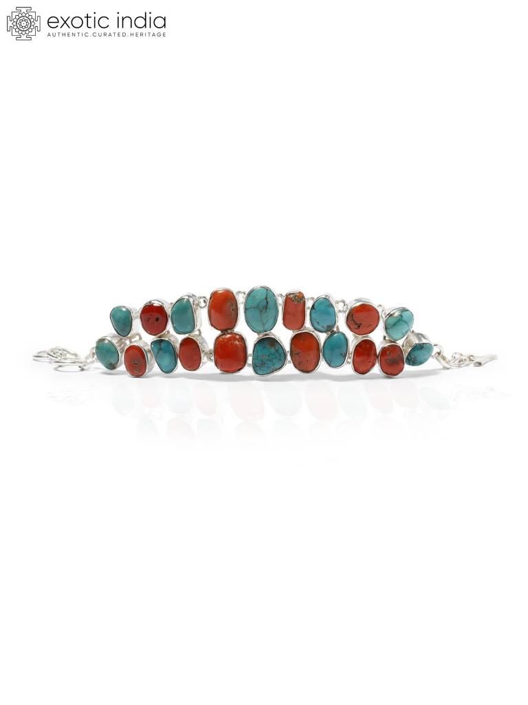 Sterling Silver Toggle Bracelet With Coral And Turquoise Gemstone : LDD287