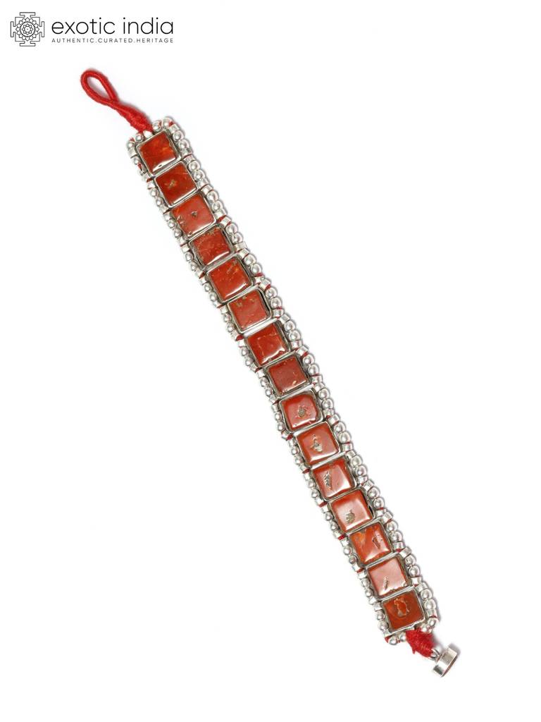 Sterling Silver Bracelet With Square Cut Coral Gemstone : LDD288