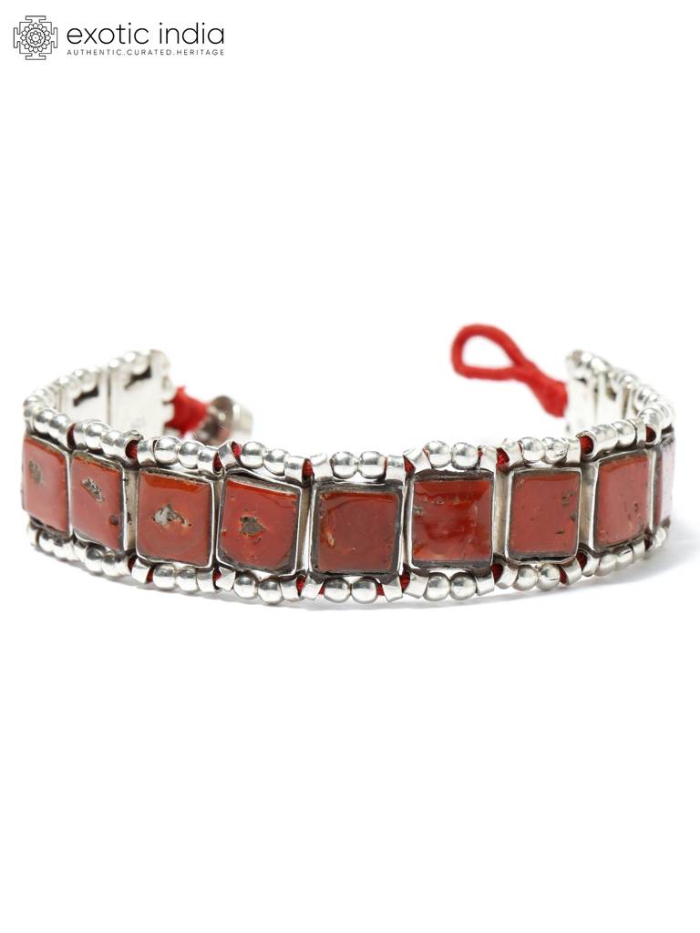 Sterling Silver Bracelet With Square Cut Coral Gemstone : LDD288