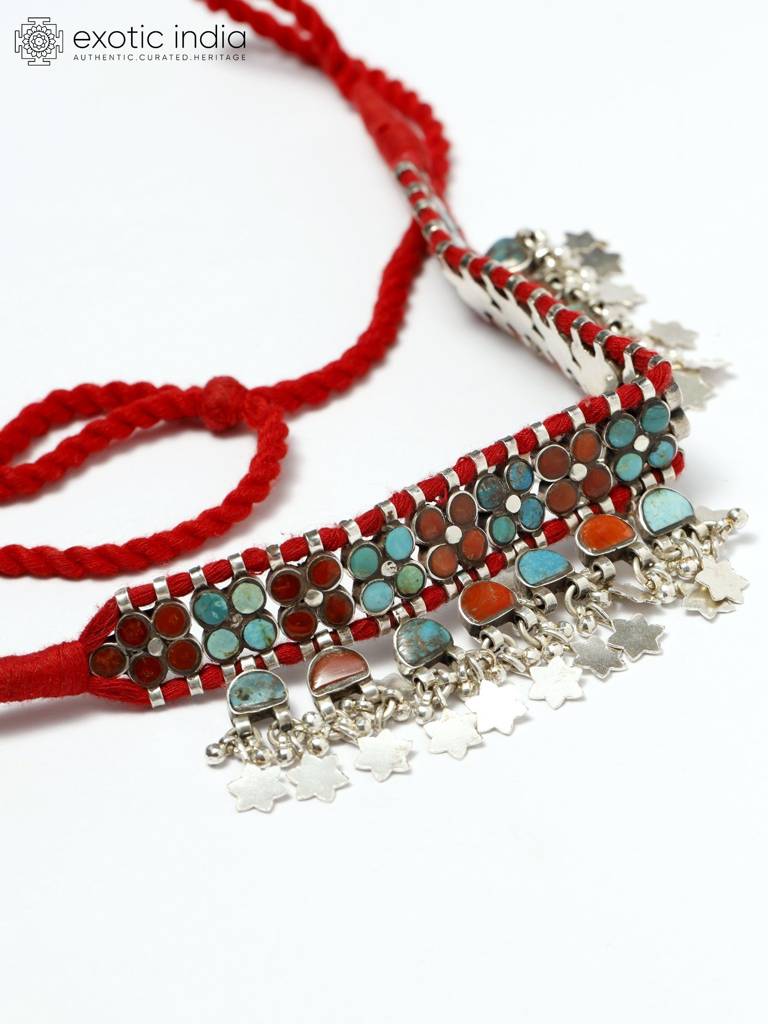 Sterling Silver Choker With Coral And Turquoise And Dangling Silver Stars : LDD363
