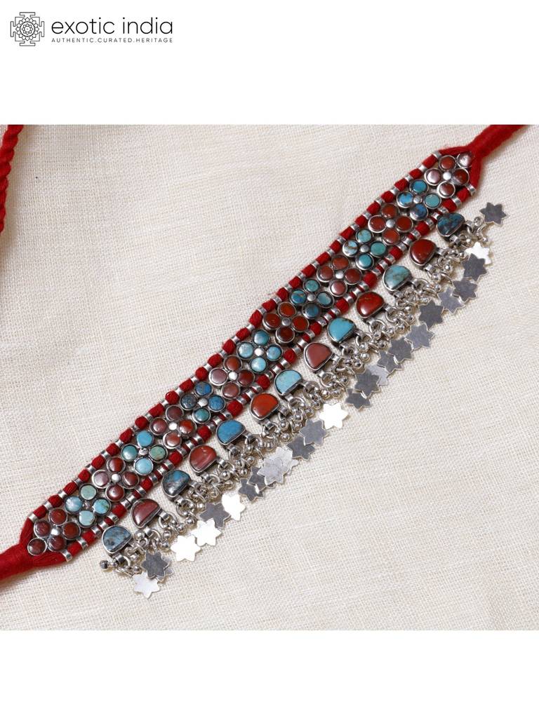 Sterling Silver Choker With Coral And Turquoise And Dangling Silver Stars : LDD363