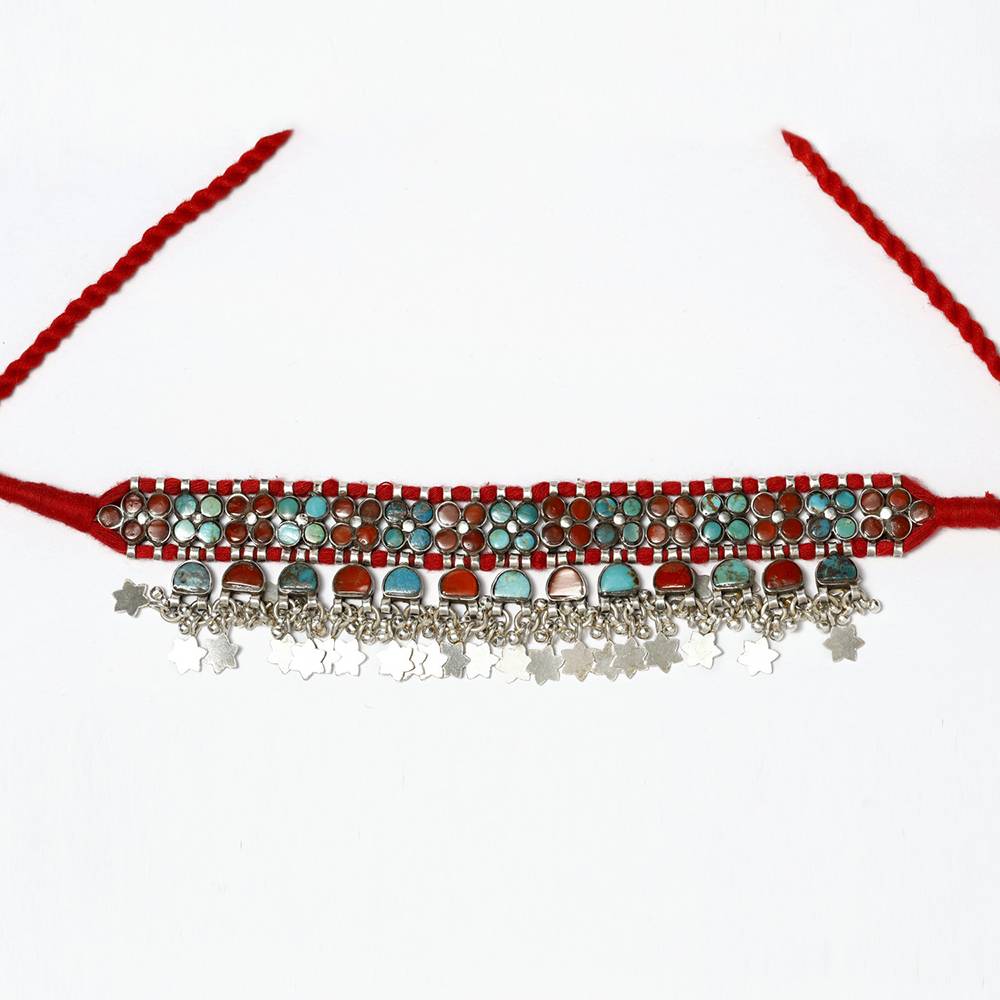 Sterling Silver Choker With Coral And Turquoise And Dangling Silver Stars : LDD363