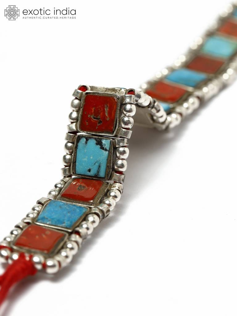 Square Cut Turquoise And Coral Gemstone Sterling Silver Bracelet : LDD378