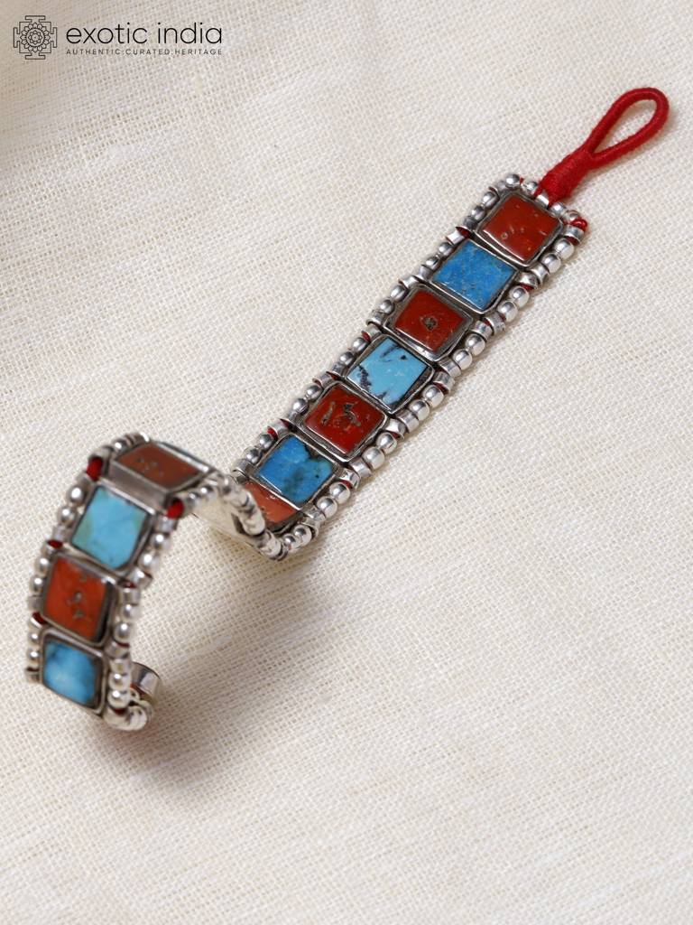 Square Cut Turquoise And Coral Gemstone Sterling Silver Bracelet : LDD378