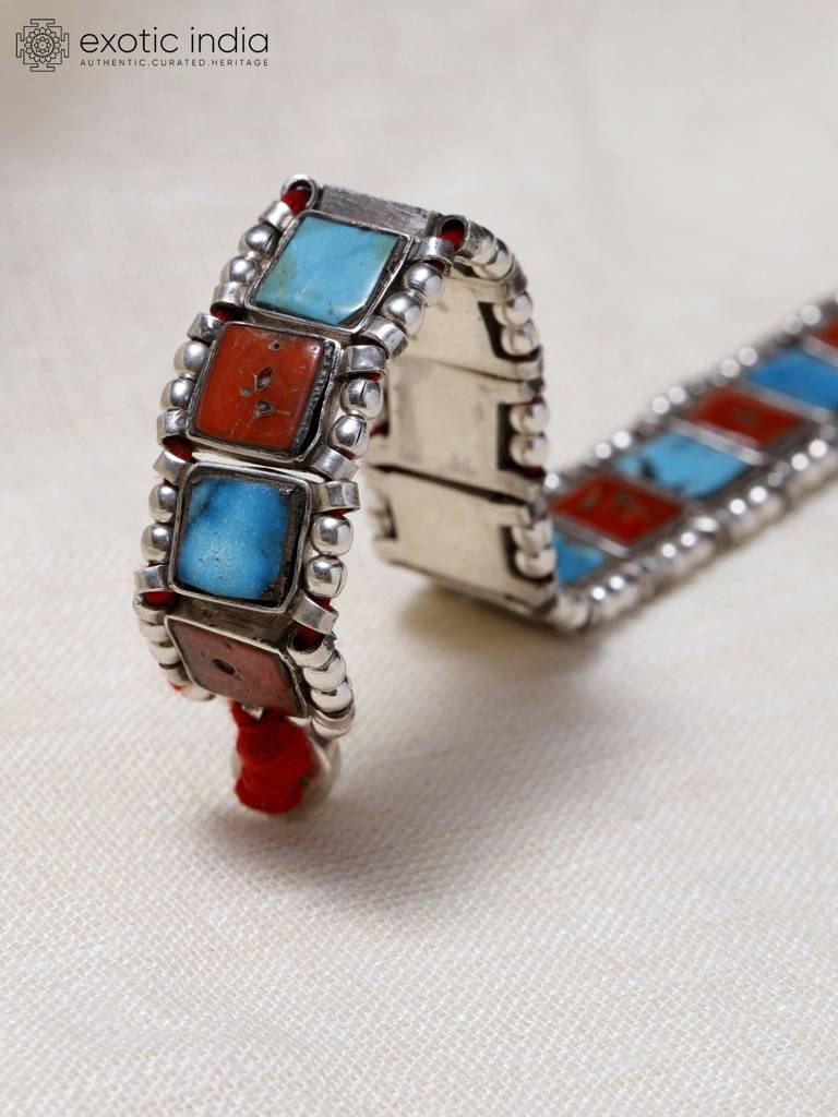 Square Cut Turquoise And Coral Gemstone Sterling Silver Bracelet : LDD378