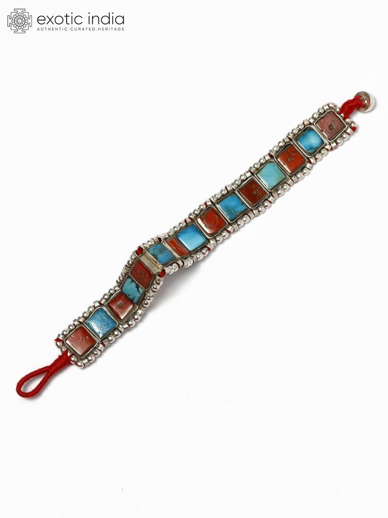 Square Cut Turquoise And Coral Gemstone Sterling Silver Bracelet : LDD378