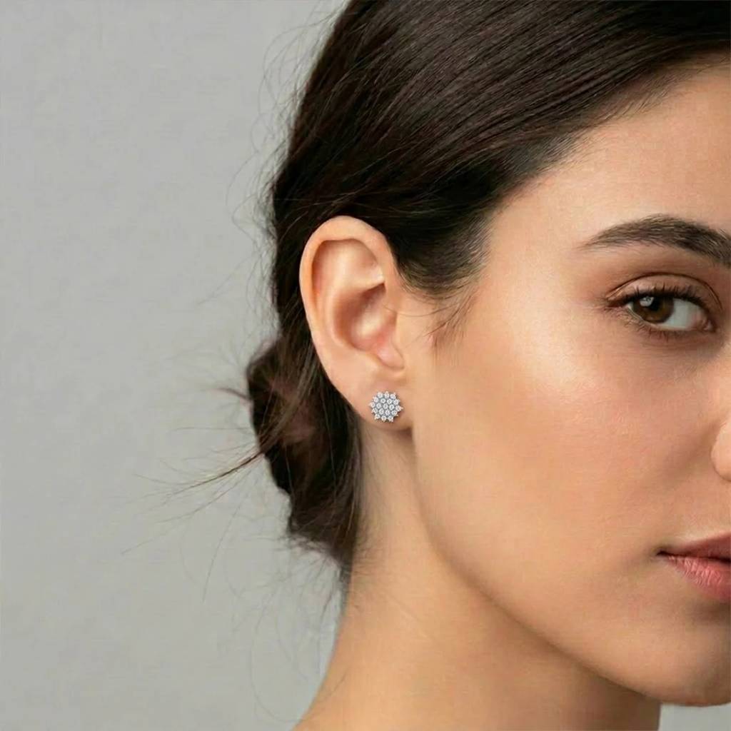 Flower Vvs-Vs Ef Lab Grown Diamond Cluster Stud Earrings | Bis Hallmark And Igi Certificate | South Screw | For Wo : LJ-E00622