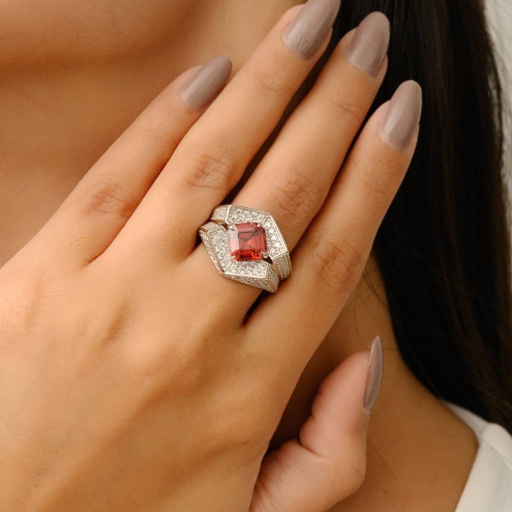 925 Silver Ring For Women - Sparkle Red Ruby Cz Diamonds In White Gold Finish : LM146