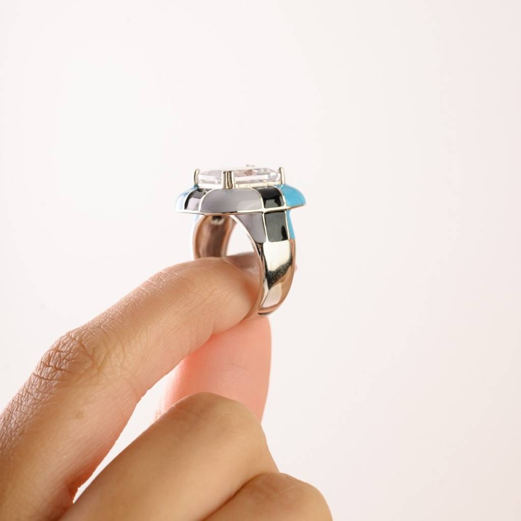 925 Silver Ring For Women With Emerald Cut Cz Diamond And Colourful Enamel Work : LM165