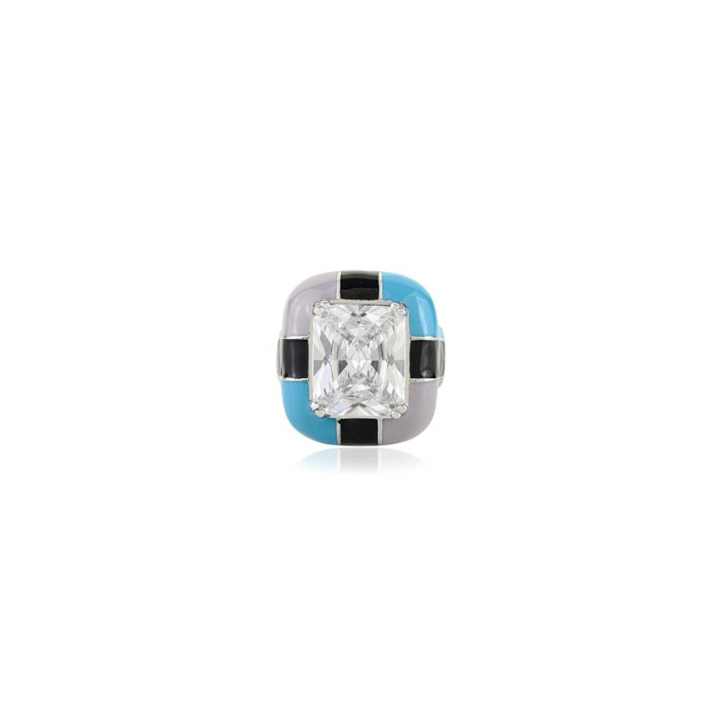 925 Silver Ring For Women With Emerald Cut Cz Diamond And Colourful Enamel Work : LM165