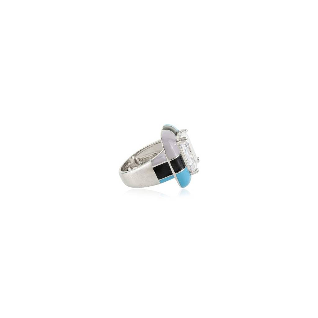 925 Silver Ring For Women With Emerald Cut Cz Diamond And Colourful Enamel Work : LM165