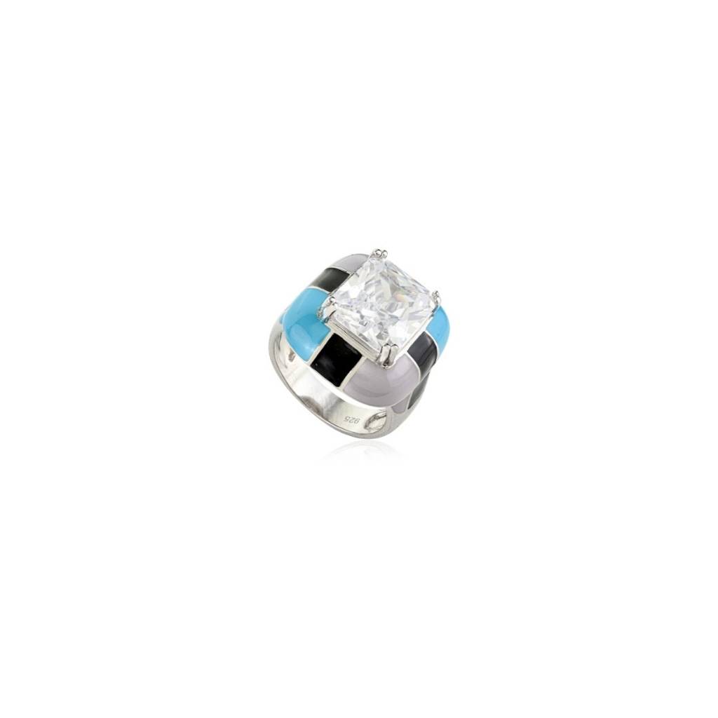 925 Silver Ring For Women With Emerald Cut Cz Diamond And Colourful Enamel Work : LM165