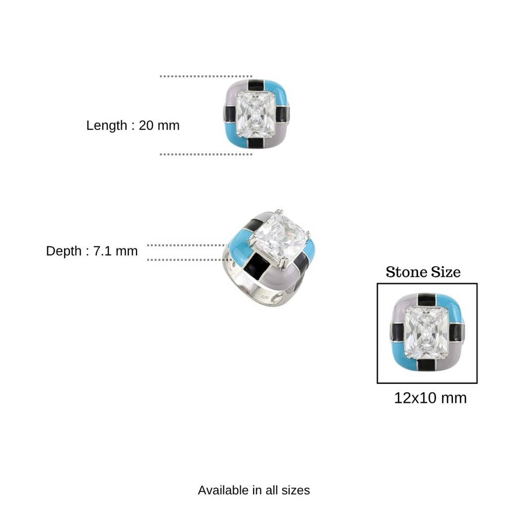 925 Silver Ring For Women With Emerald Cut Cz Diamond And Colourful Enamel Work : LM165