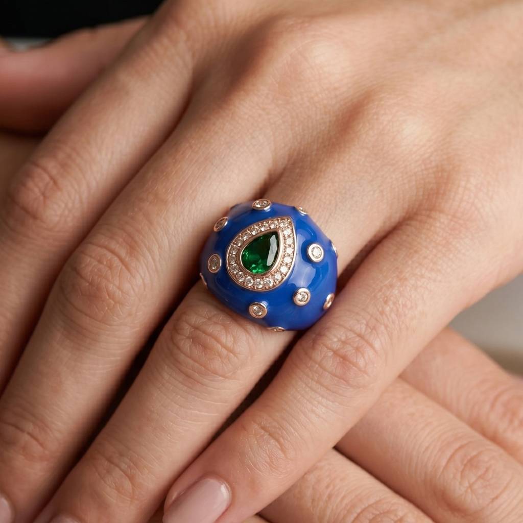 925 Silver Blue Enamel Retro Ring In Rose Gold Finish With Green Pear Drop Cz Diamond : LM171