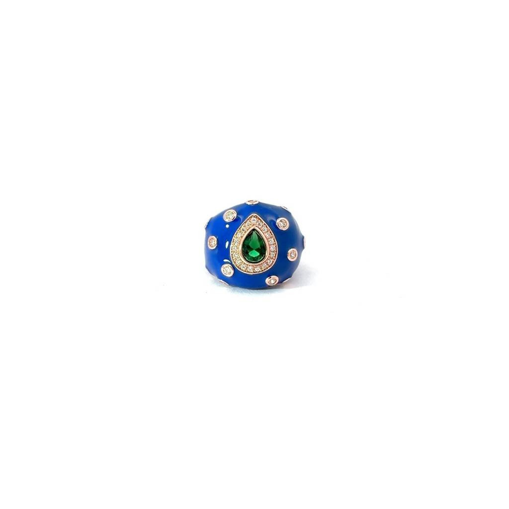 925 Silver Blue Enamel Retro Ring In Rose Gold Finish With Green Pear Drop Cz Diamond : LM171