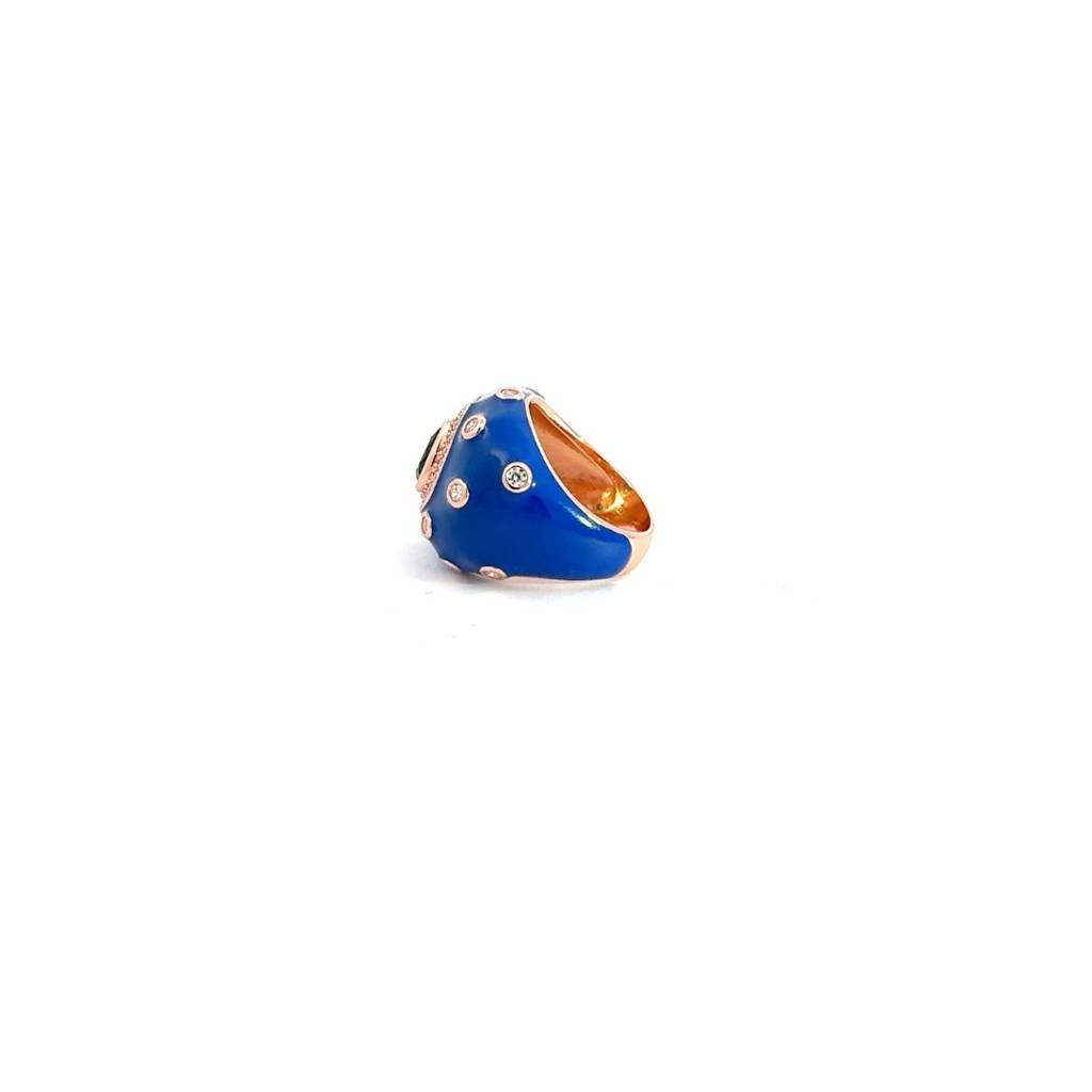 925 Silver Blue Enamel Retro Ring In Rose Gold Finish With Green Pear Drop Cz Diamond : LM171