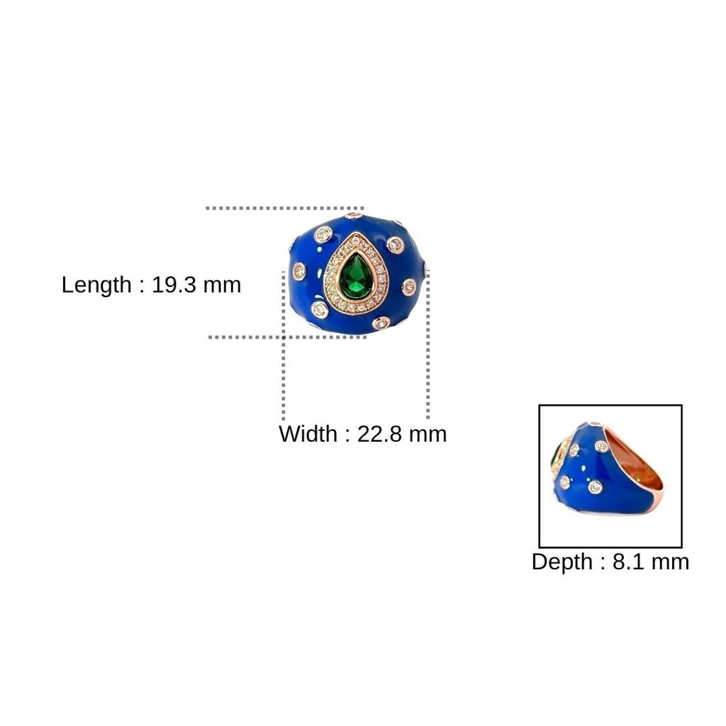 925 Silver Blue Enamel Retro Ring In Rose Gold Finish With Green Pear Drop Cz Diamond : LM171