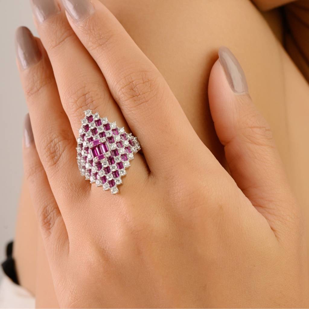 925 Silver Statement Ring With Sparkling Pink And White Cz Diamonds : LM175