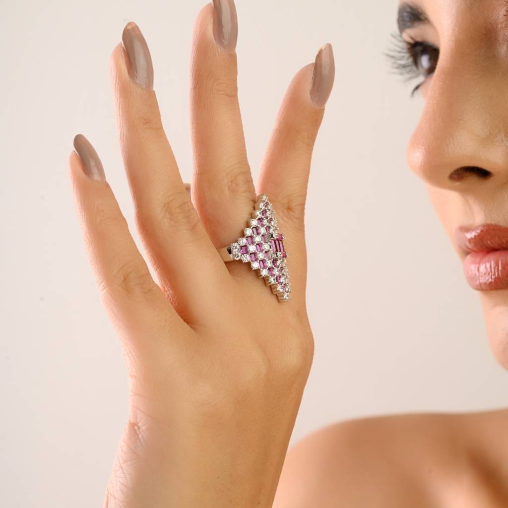 925 Silver Statement Ring With Sparkling Pink And White Cz Diamonds : LM175