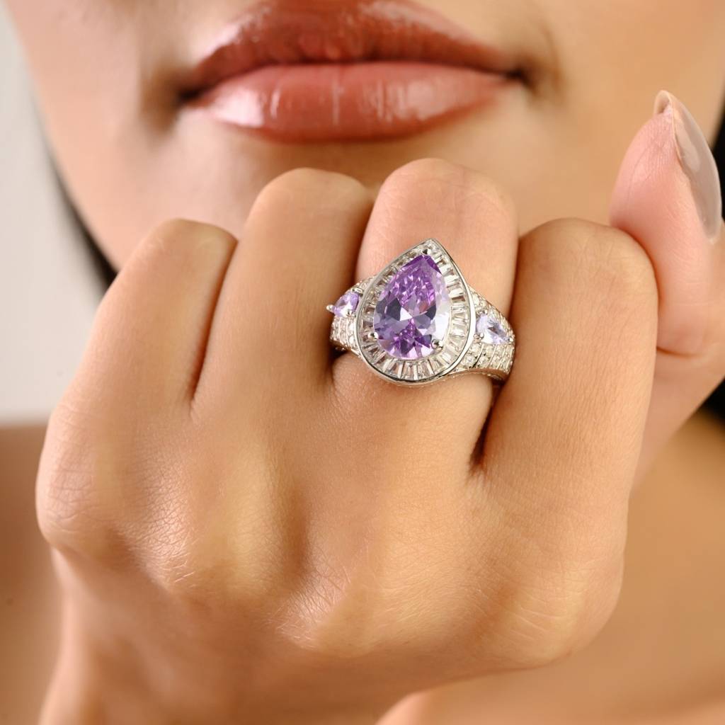 925 Silver Statement Ring In White Gold Finish With Pear Cut Purple Cz Diamond : LM184