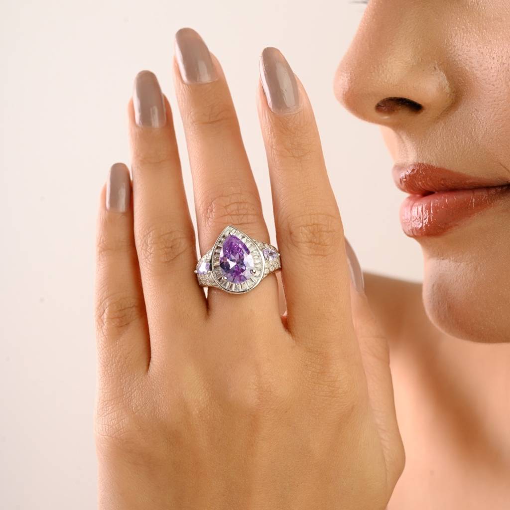 925 Silver Statement Ring In White Gold Finish With Pear Cut Purple Cz Diamond : LM184