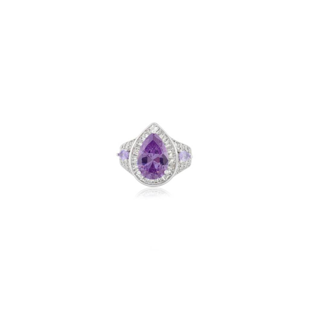 925 Silver Statement Ring In White Gold Finish With Pear Cut Purple Cz Diamond : LM184